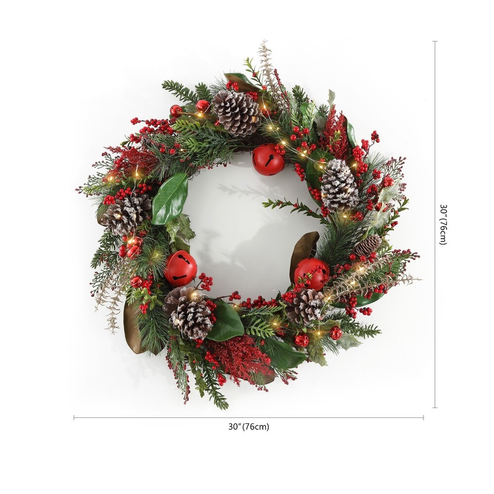 SAFAVIEH Faux 30 Inch Myrtle Led Wreath W/ Red Bells   Green/Red   30\