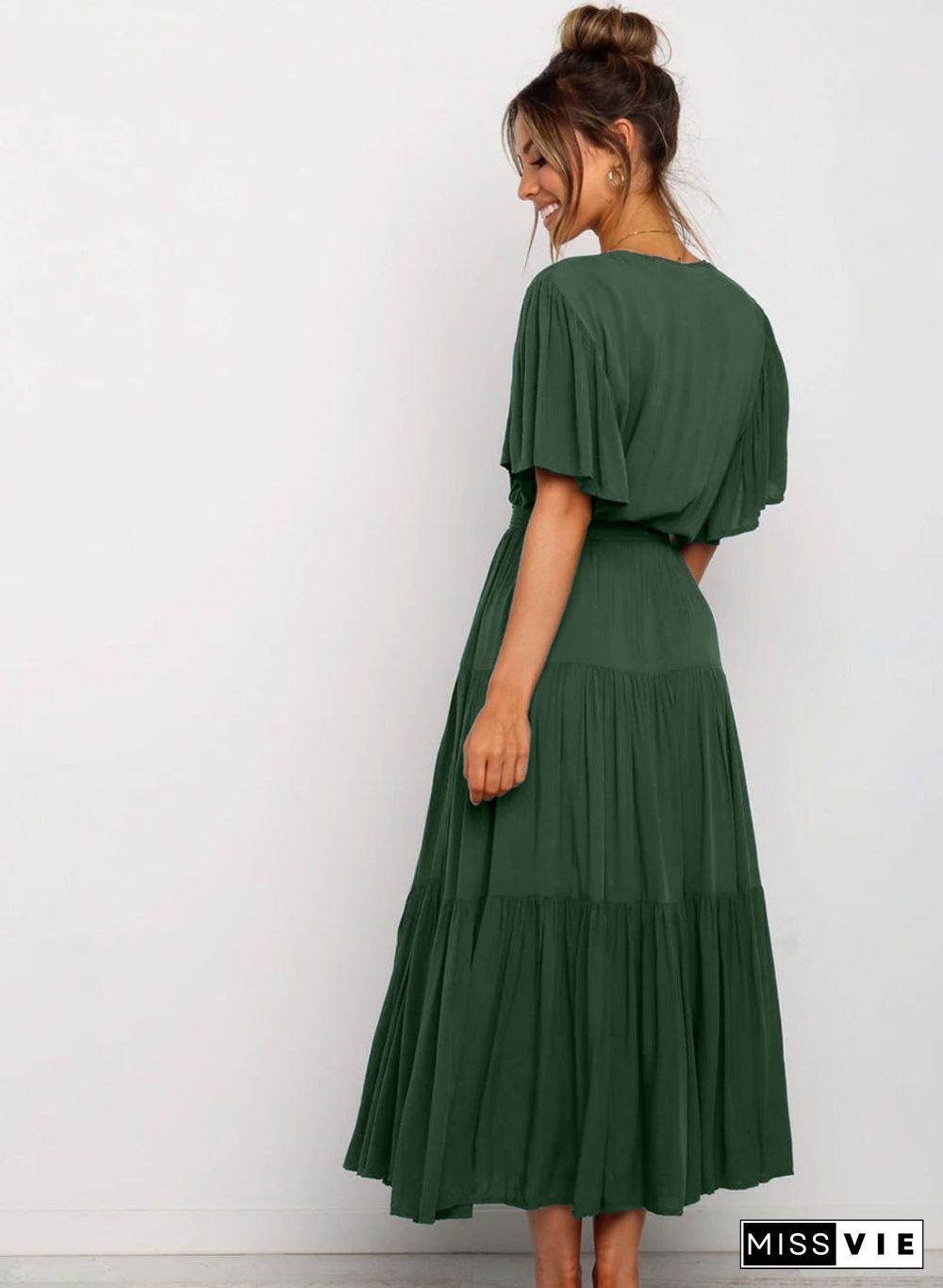 V Neck Tie Waist Short Sleeve Maxi Dress