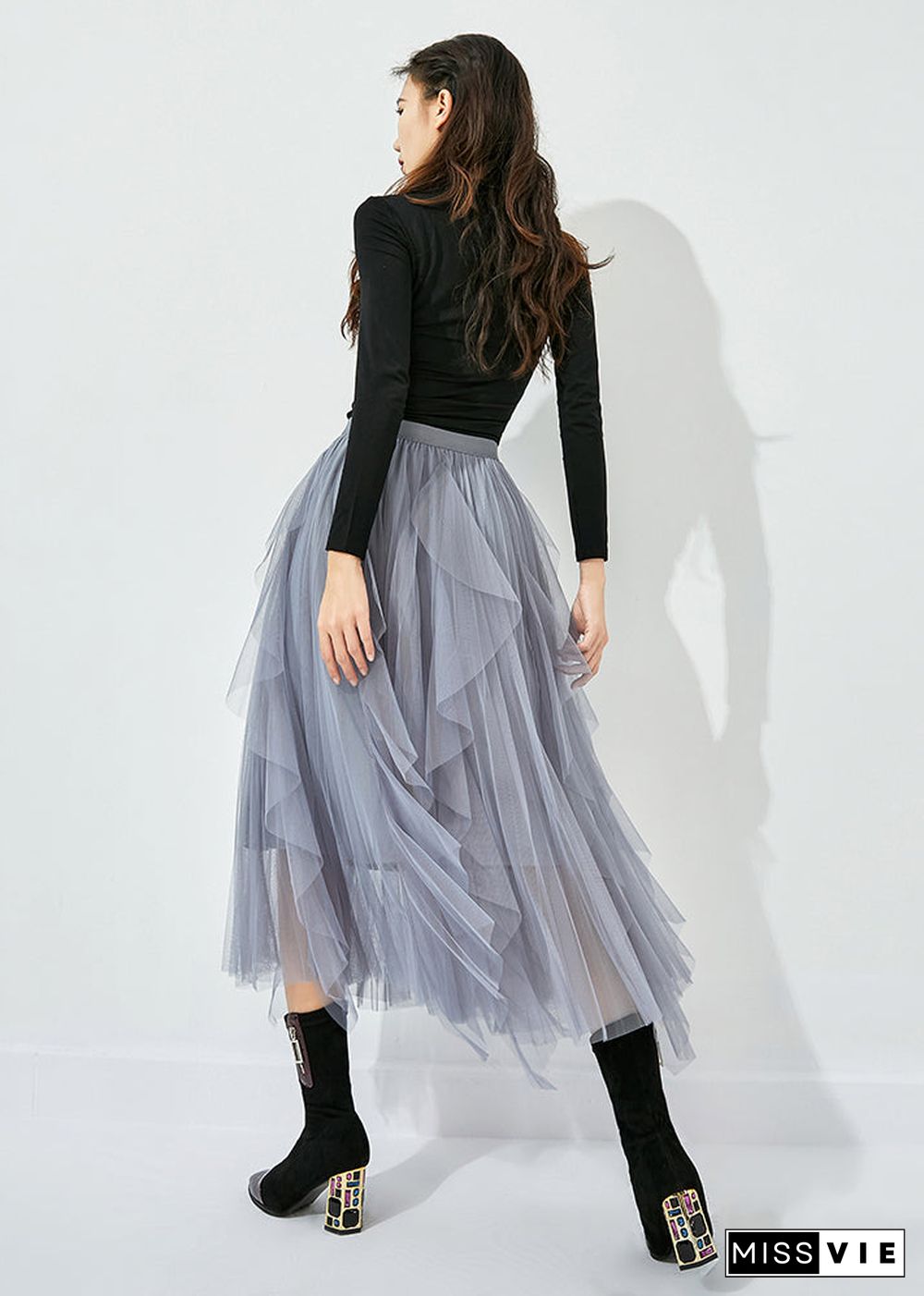 Women Grey Elastic Waist Exra Large Hem Tulle Skirt Summer