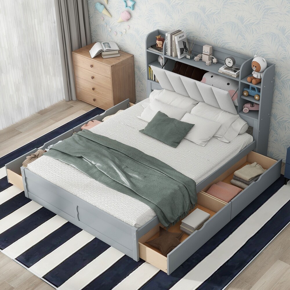 Queen Size Platform Bed w/ Storage Headboard   4 Drawers  Solid Wood Bedframe w/Shelves   Slat Support  No Box Spring Needed