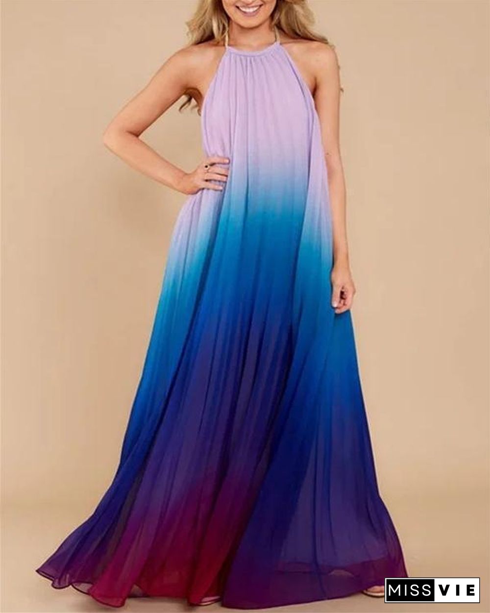 Women Ombre Chiffon Gradient Halter Sleeveless Evening Maxi Dress