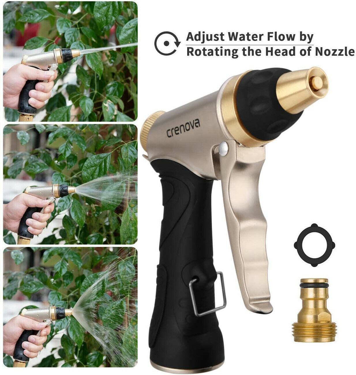 Garden Hose Nozzle Non-slip Water Sprayer Coated with Rubber Car Wash Heavy Duty Durable Material 4 Watering Patterns Spray Black Gold