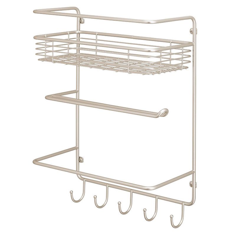 mDesign Metal Wall Mount Paper Towel Holder with Storage Shelf/Hooks