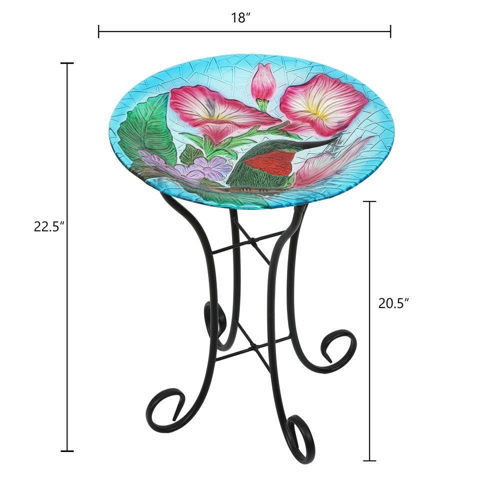 Luxen Home Hummingbird Floral Glass Bird Bath with Metal Stand WHP1521