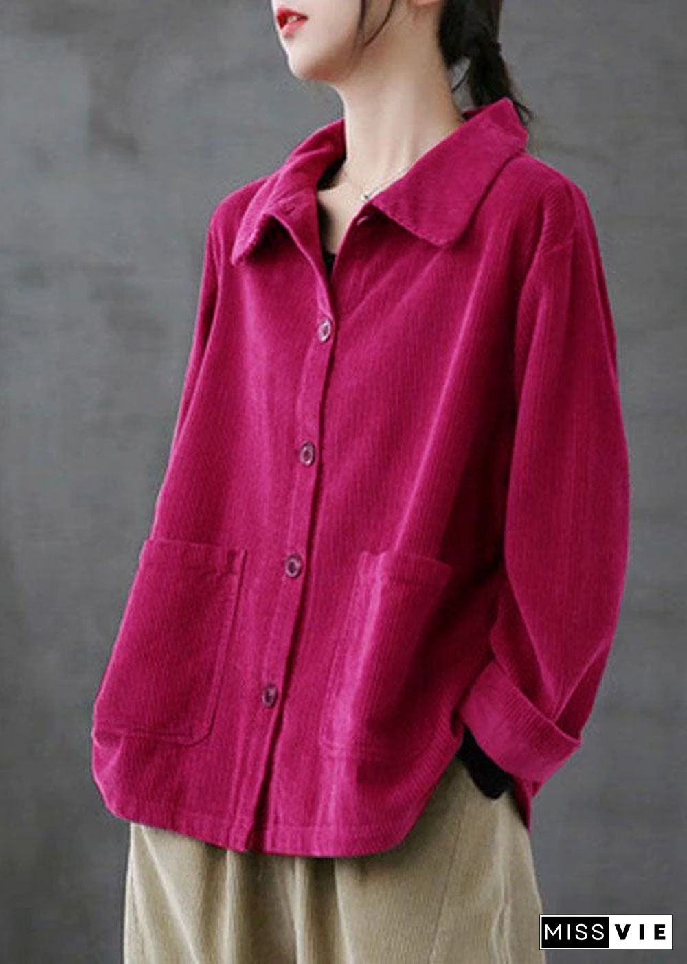 Purple Loose Pockets Shirt Top Long Sleeve Corduroy Coat