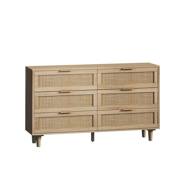 6 Drawer Dresser Rattan Storage Cabinet Modern Chest with Drawers， Storage Closet Dressers Chest of Drawers for Bedroom - - 37851502