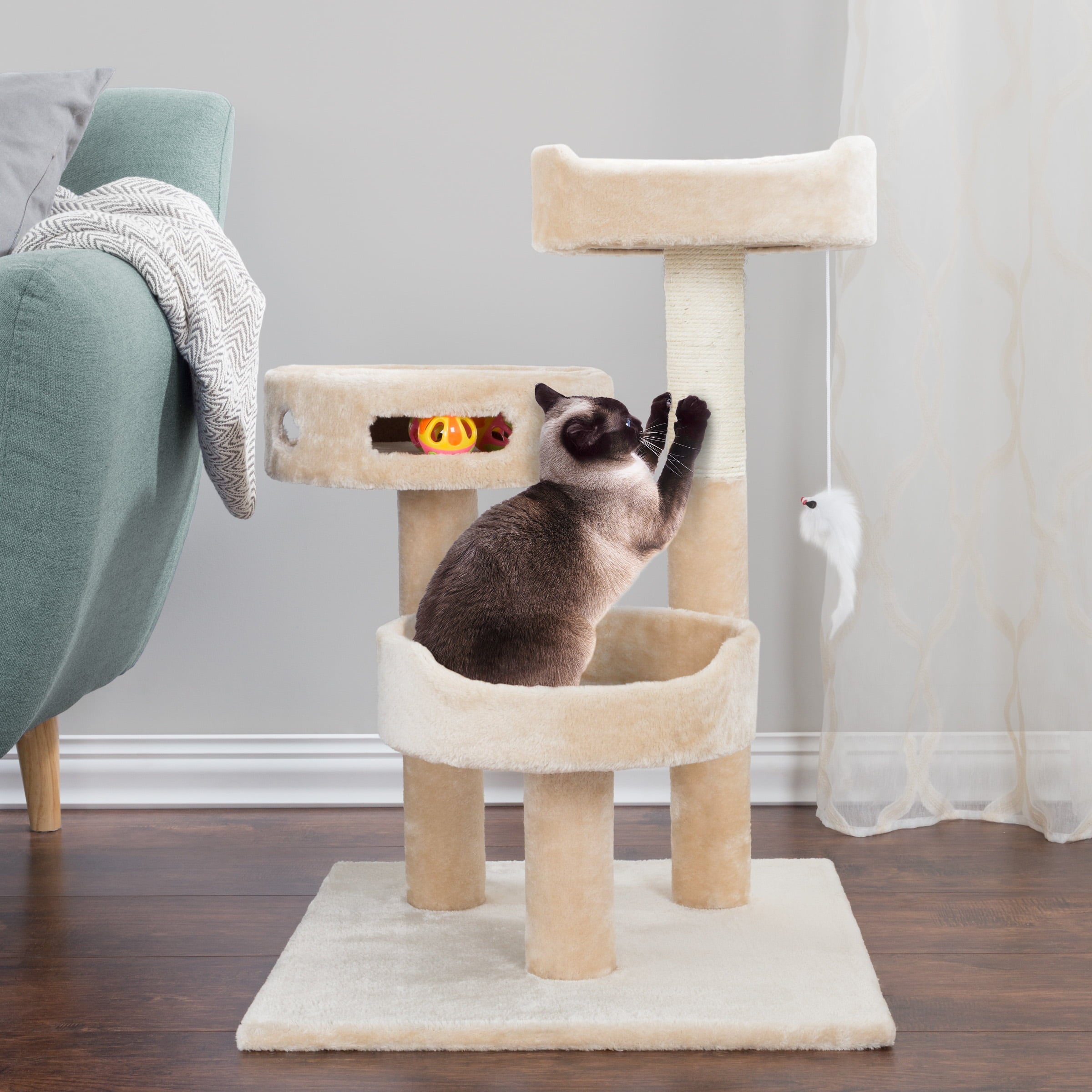 3-Tier Cat Tree - 2 Carpeted Napping Perches， Sisal Rope Scratching Post， Hanging Mouse， and Interactive Cheese Wheel Toy by PETMAKER (Tan)