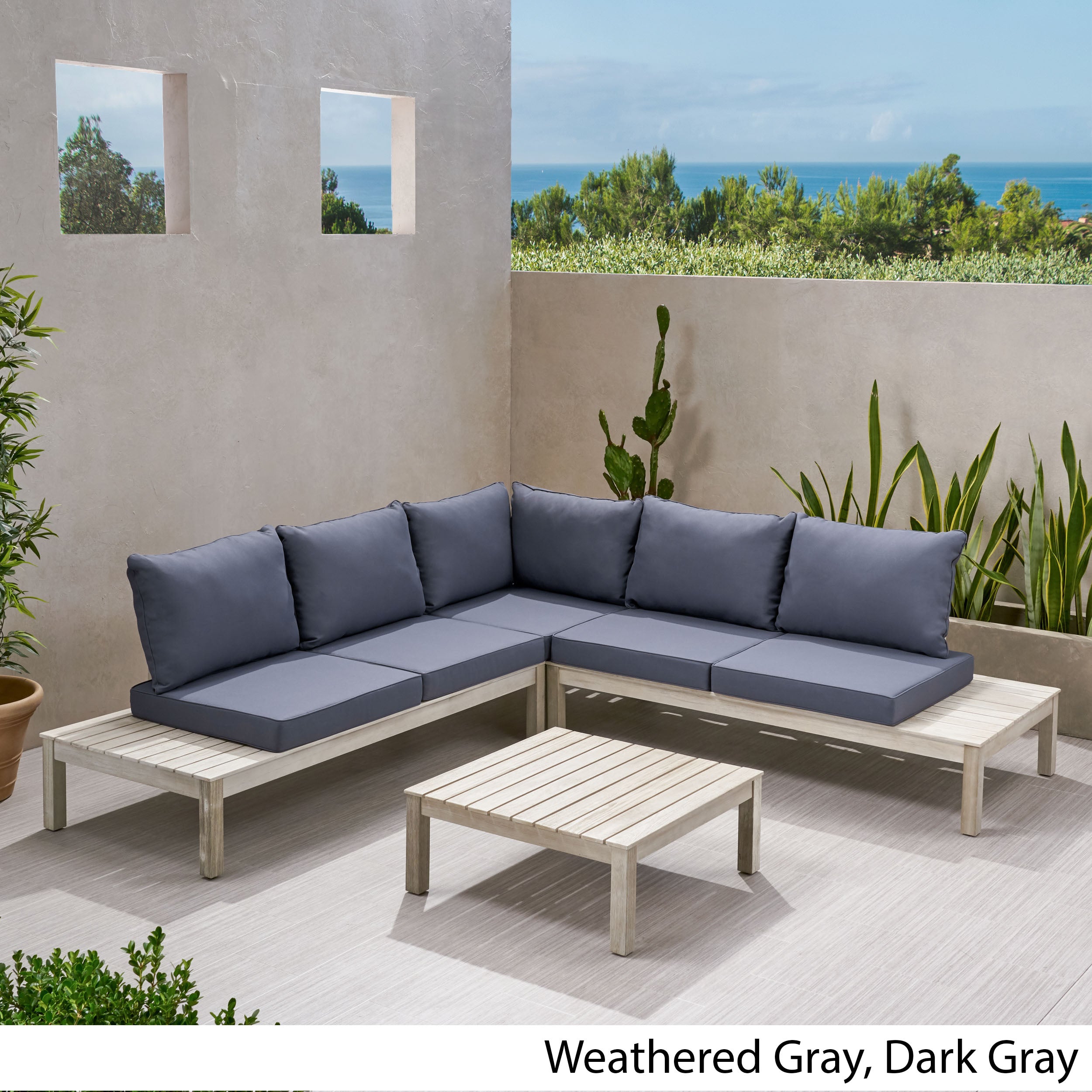 Vashti Outdoor 5 Seater V Shaped Acacia Wood Sectional Sofa Set with Cushions