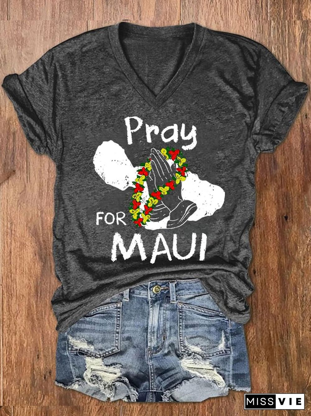 Women's Pray For Hawaii MAUI Wildfire V-Neck Tee