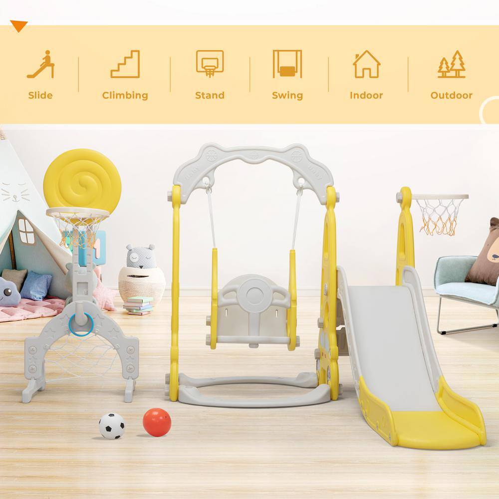 Nyeekoy 5-in-1 Kids Slide and Swing Set Toddler Climber Playset Indoor Outdoor Playground Yellow Plus Grey TH17A1003-T01