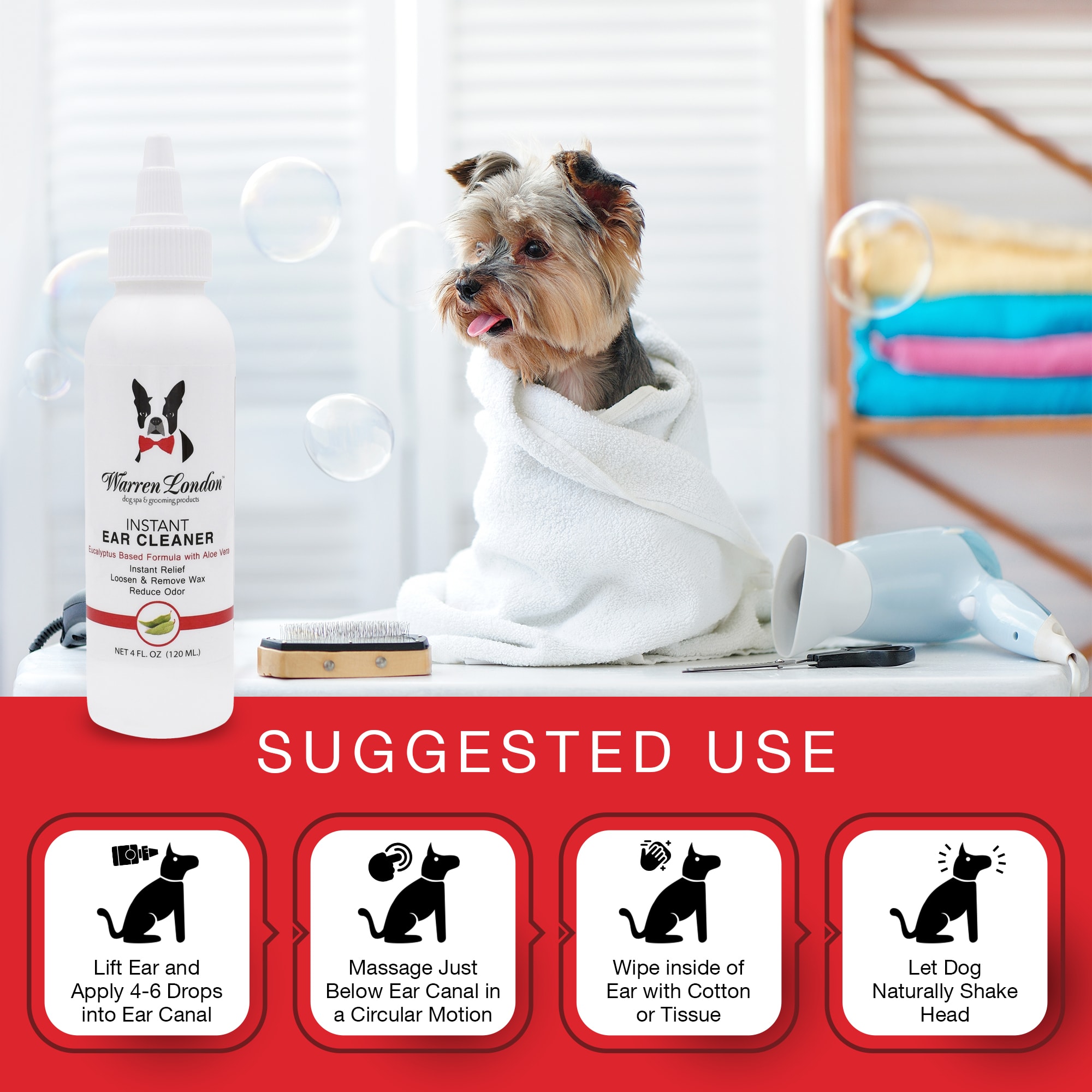 Warren London Instant Ear Cleaner for Dogs， 4 fl. oz.