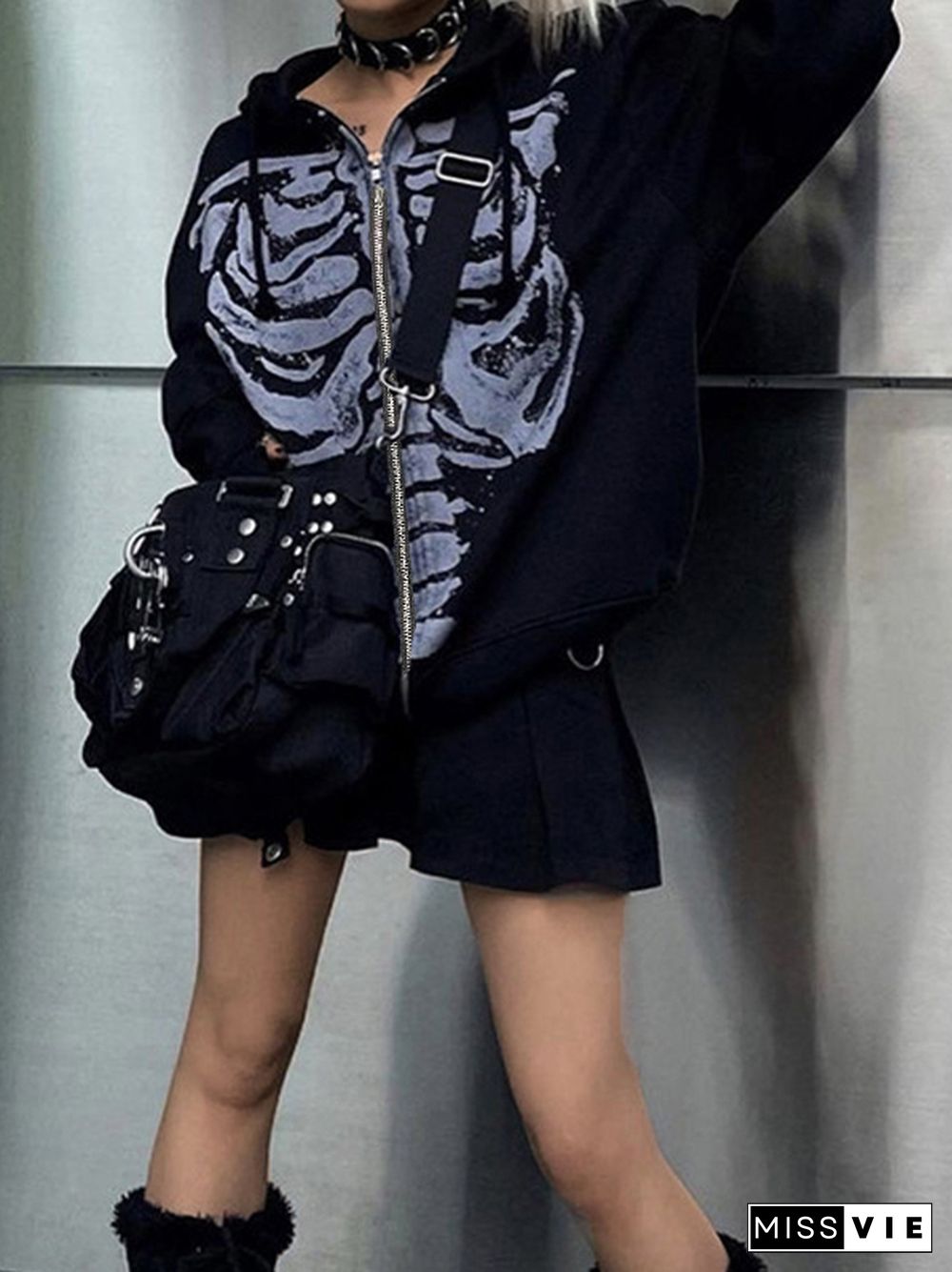 Skeleton Print Zip Up Loose  Oversized Hoodie