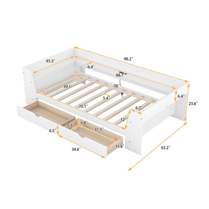 Twin Size Daybed w/Shelves  2 Drawers  Built In Charging Station