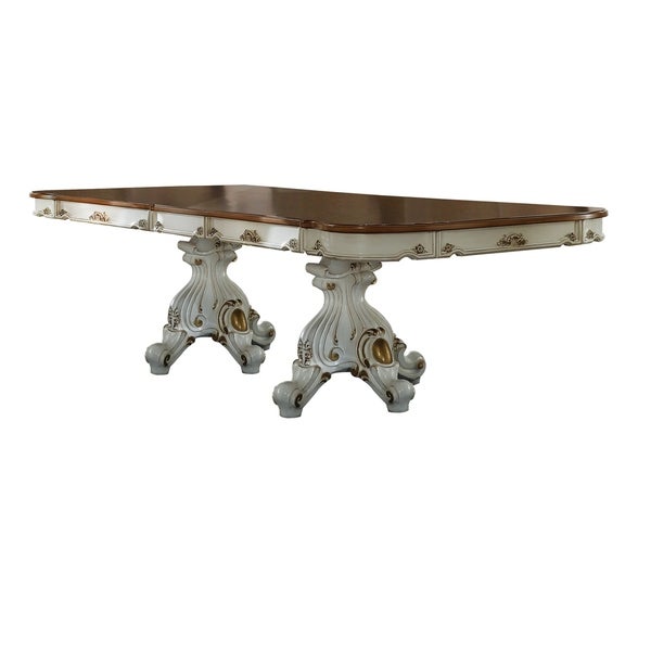 Wooden Top Dining Table with Double Pedestal Feet， Antique Pearl and Cherry Oak