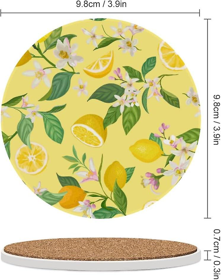 1pc Round Lemon With Tropical Leaves Flowers Ceramic Coasters With Cork-backed For Coffee Drink Cup Mat Absorbent Stone Coasters