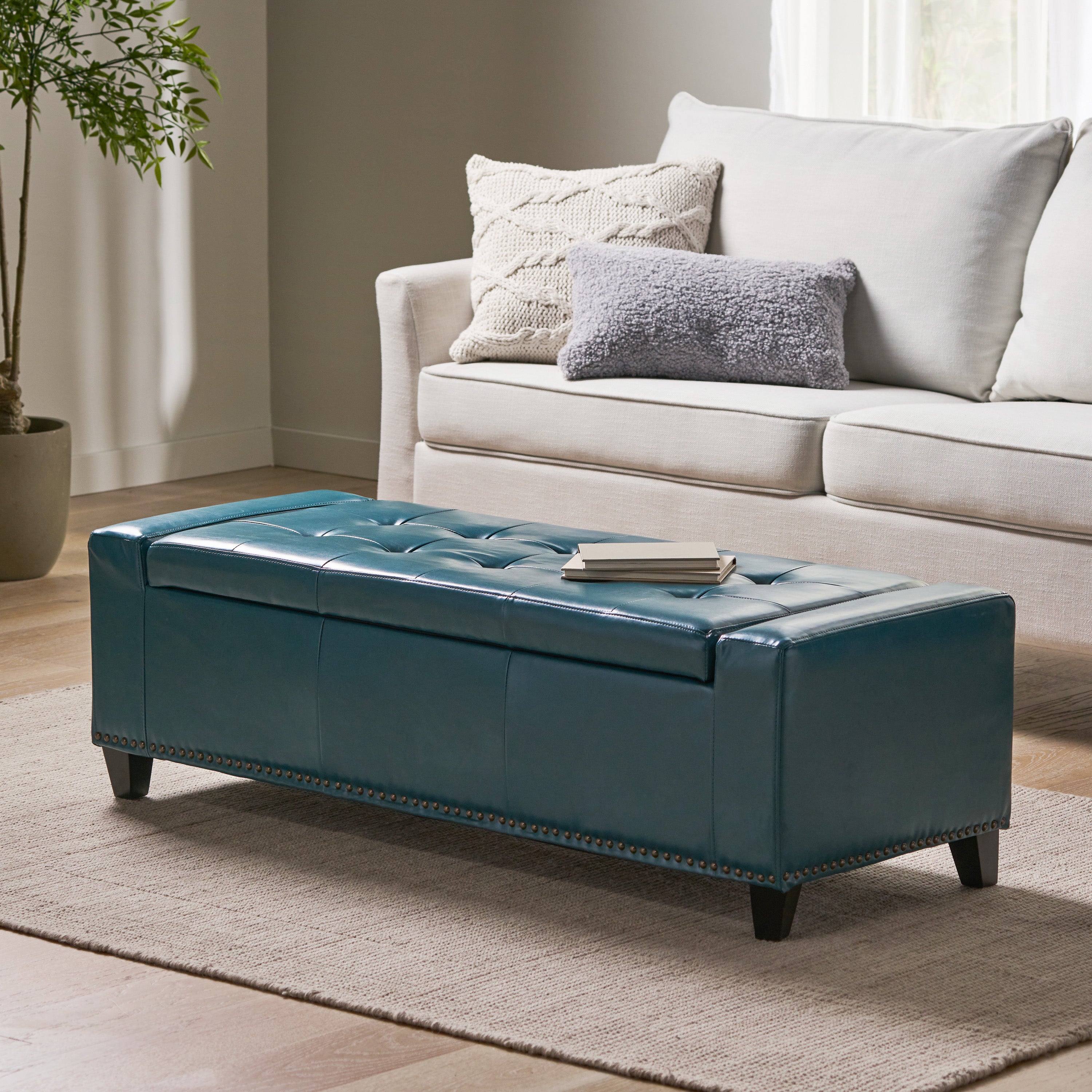 Robin Studded Teal Leather Storage Ottoman Bench