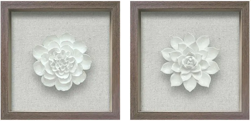 White Ceramic Flower Shadow Box Framed Wall Decor - Set of 2