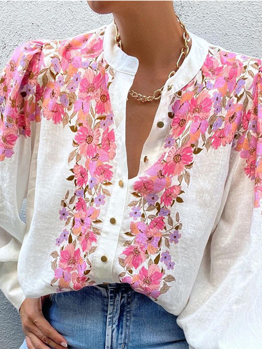 Linen Women Printed Long Sleeves Blouse