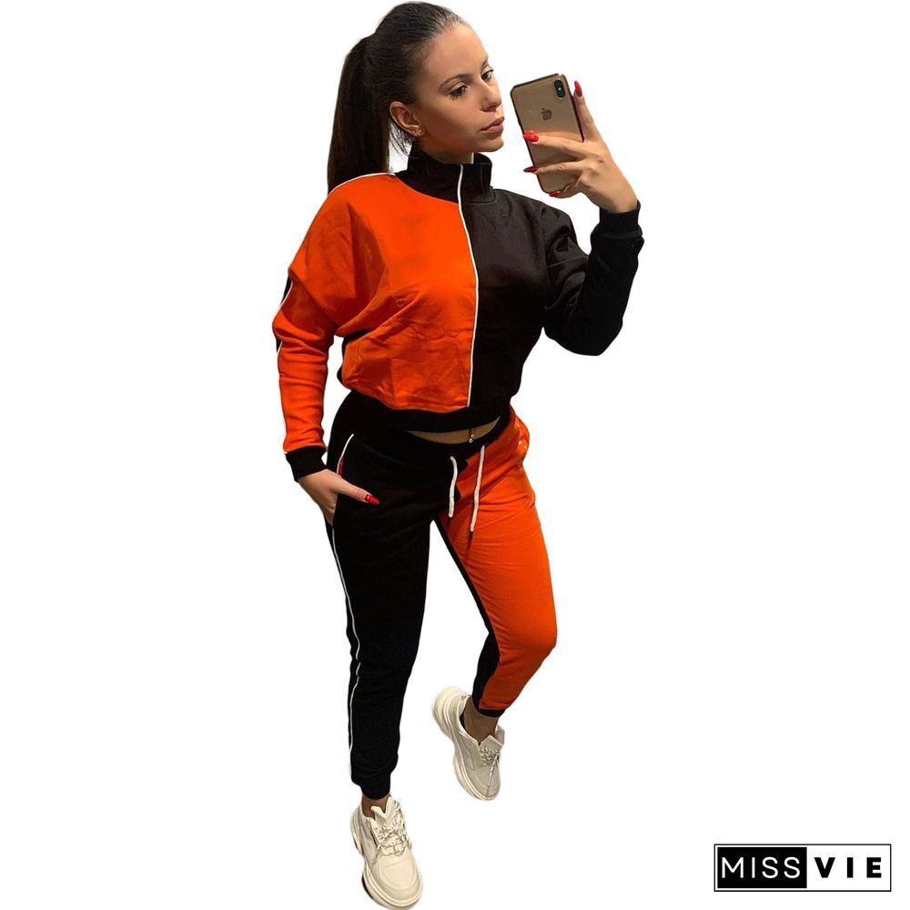 Color Contrast Zip Jacket Sporty Pants Two Piece Set