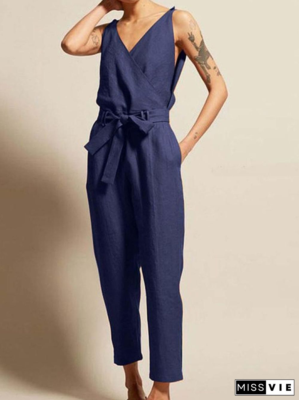 V-Neck Waistband Women's Casual Jumpsuit