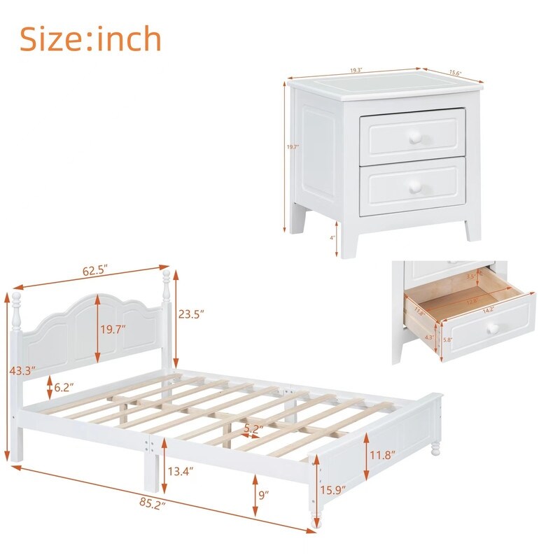 3 Pieces Bedroom Sets  Full/Queen Size Wood Platform Bed and Two Nightstands  Bed frame with Headboard