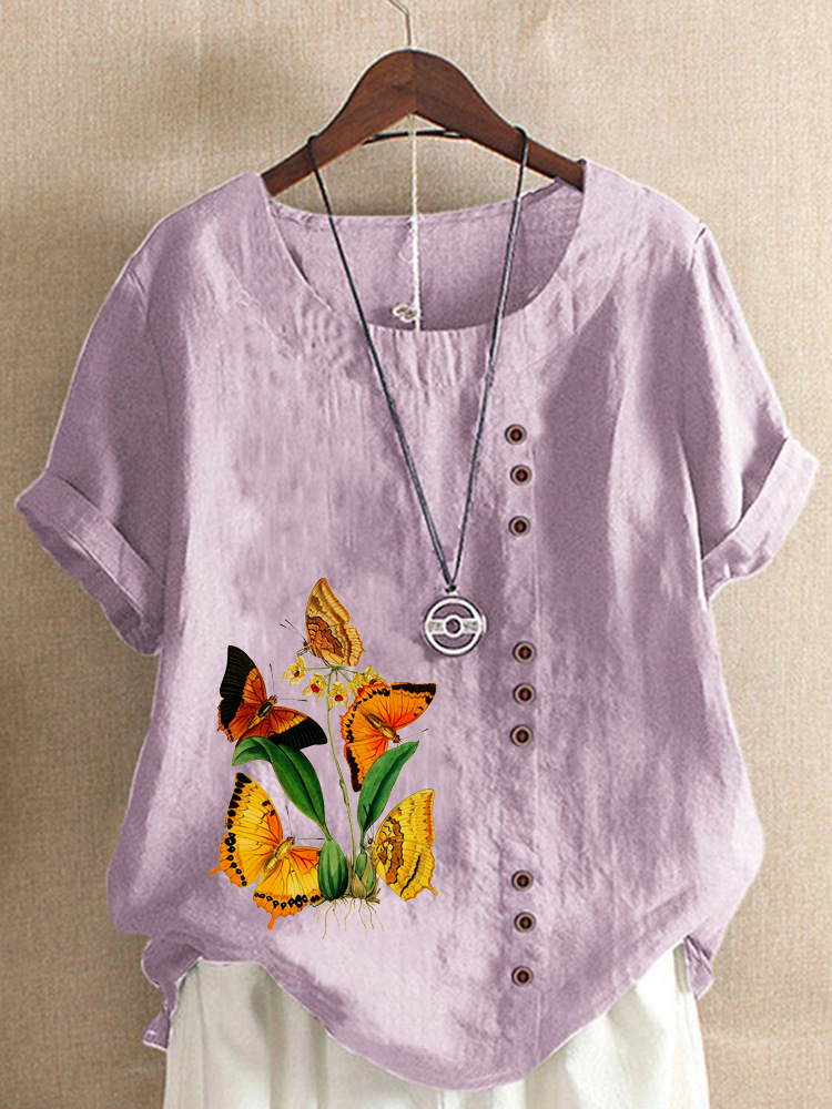 Round Neck Casual Loose Butterfly Short Sleeve Blouse