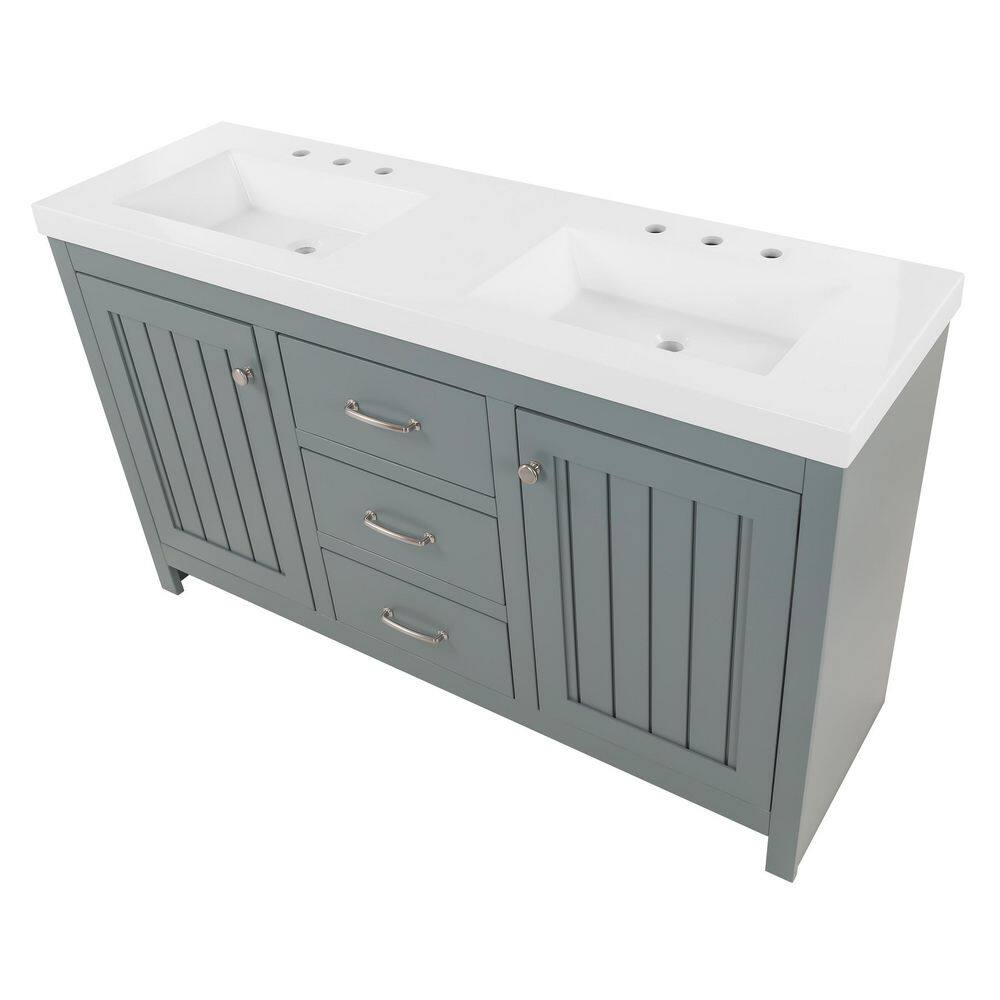 Home Decorators Collection Glint 60.5 in. W x 18.75 in. D Bath Vanity in Sage with White Cultured Marble Top in White with 2 Integrated Sinks B60X20096