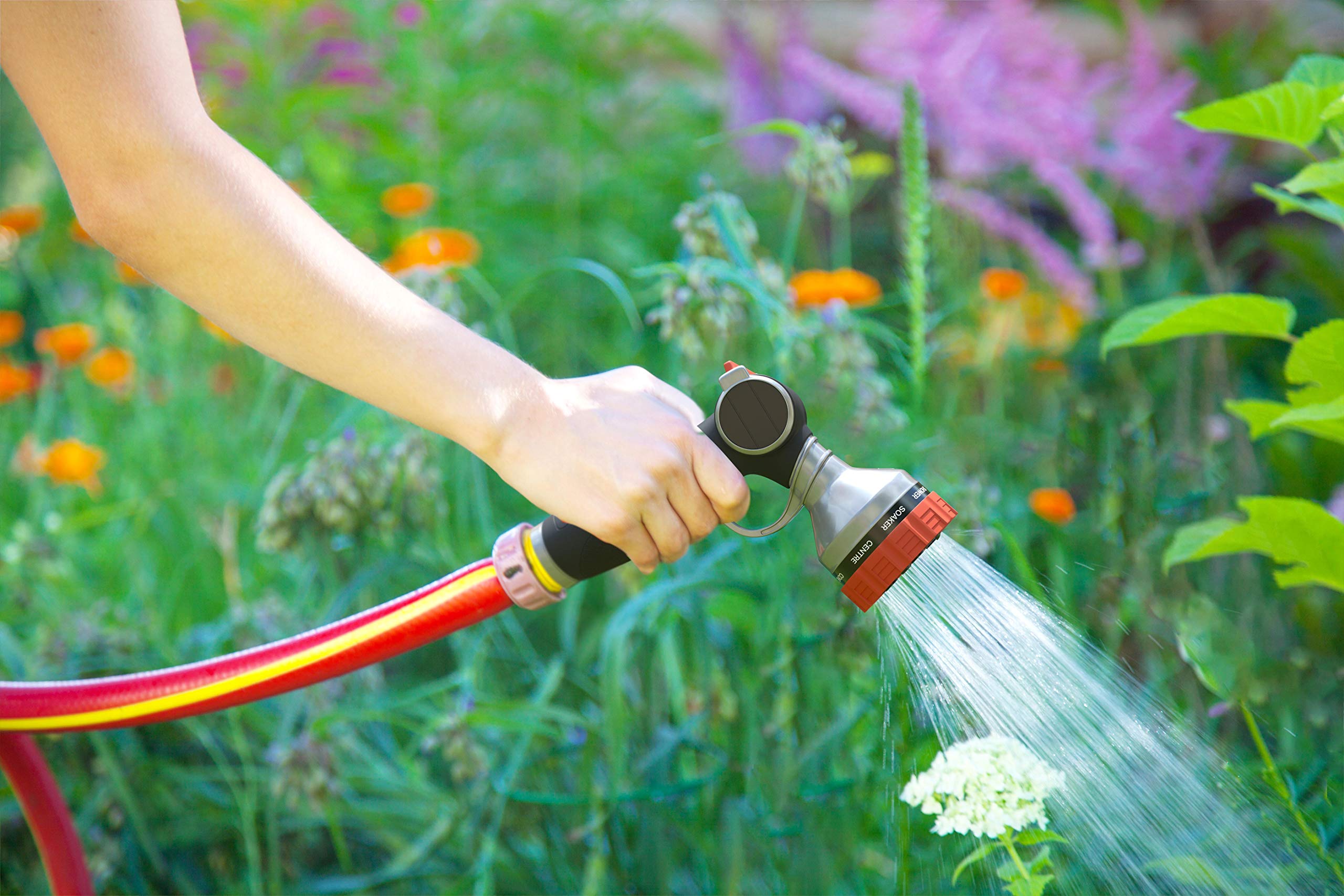 Sleek Garden Heavy Duty Garden Hose Nozzle Hand Sprayer with 9 Adjustable Spray Patterns， Red