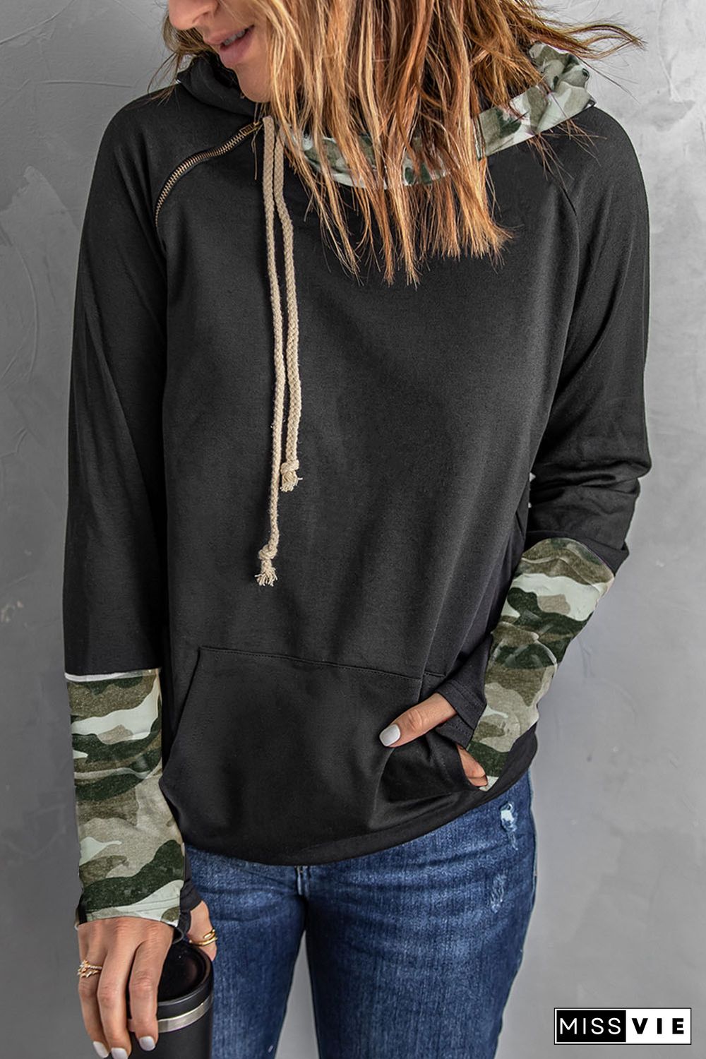 Camo Print Double Hoods Thumb Hole Hoodie