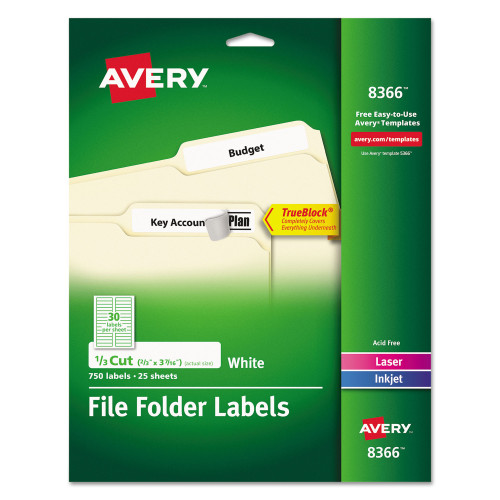 Avery Permanent TrueBlock File Folder Labels with Sure Feed Technology， 0.66 x 3.44， White， 30/Sheet， 25 Sheets/Pack (8366)