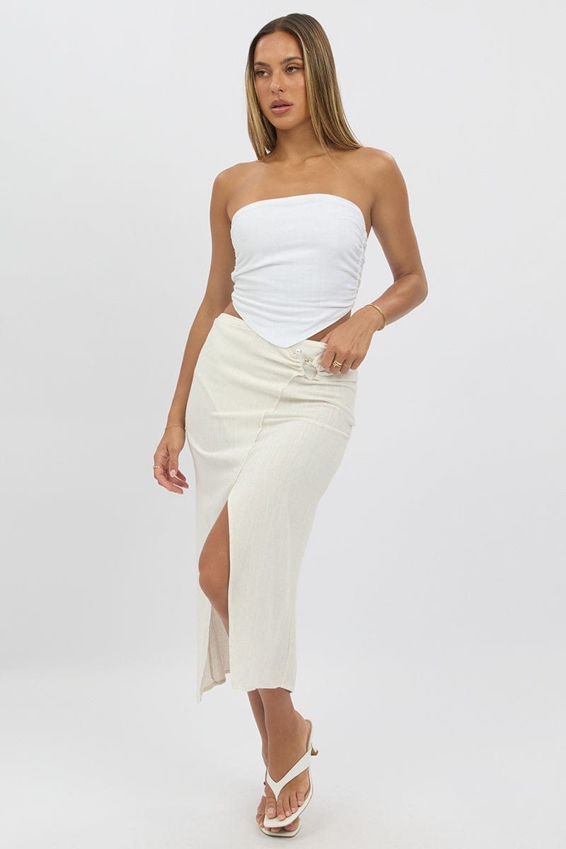 Beige Midaxi Skirt Buckle Detail Linen Blend