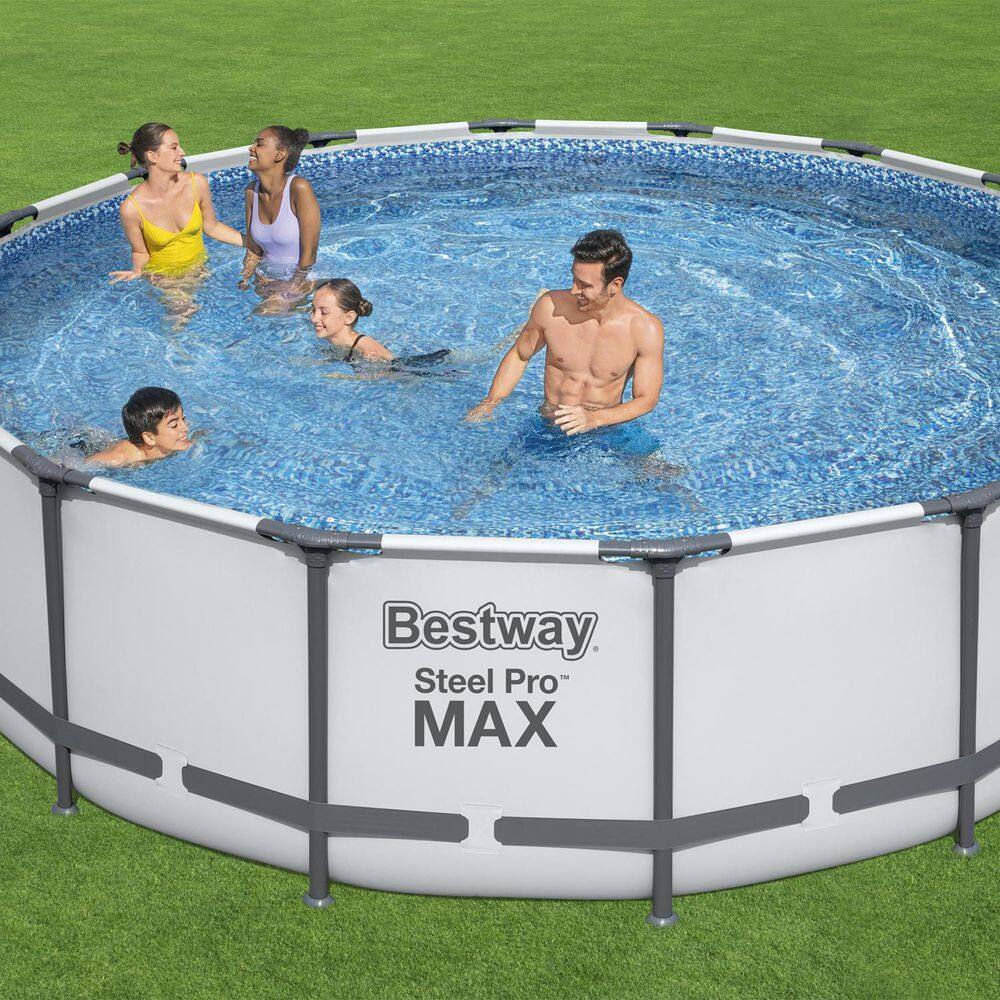 Bestway Pro MAX 16 ft. x 16 ft. Round 48 in. Metal Frame Above Ground Swimming Pool with Pump & Cover 5613AE-BW