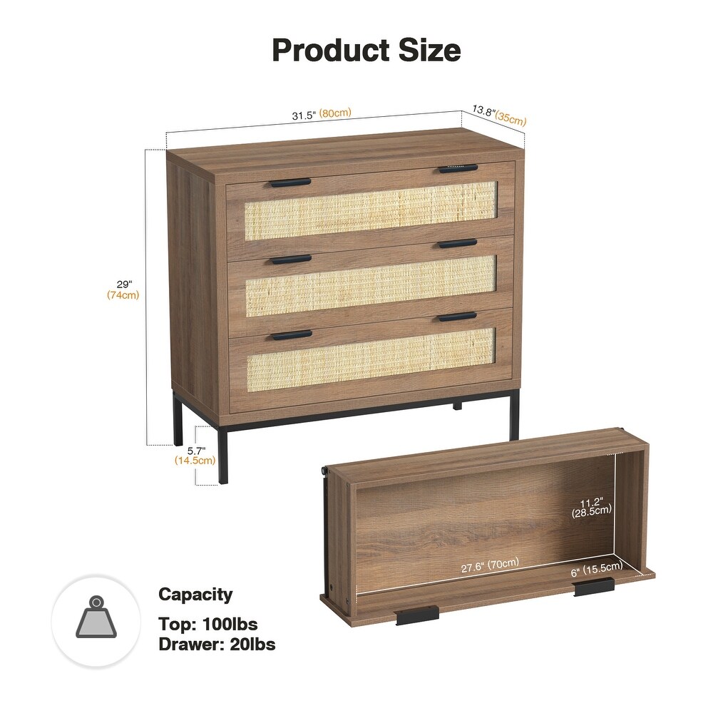 Bedroom Nightstand Dresser 3 Drawer Rattan Chest of Drawers Storage Cabinet 31.5\