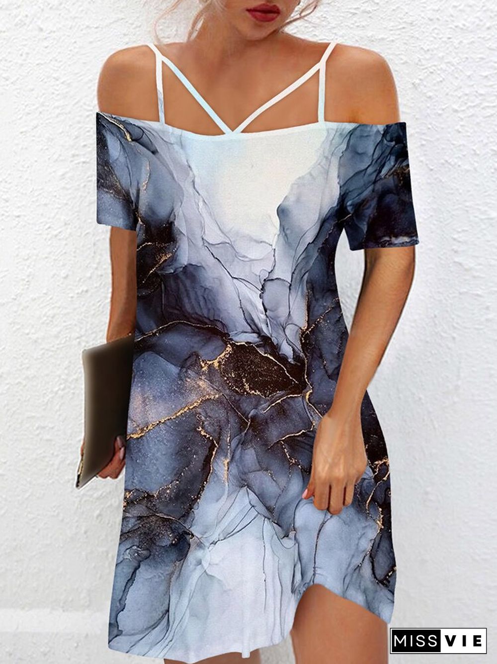 Vintage One-Line Neck Cross Strap Dress Women Summer Sexy Short Sleeve Backless Mini Dress Ladies Fashion Printed Loose Dresses