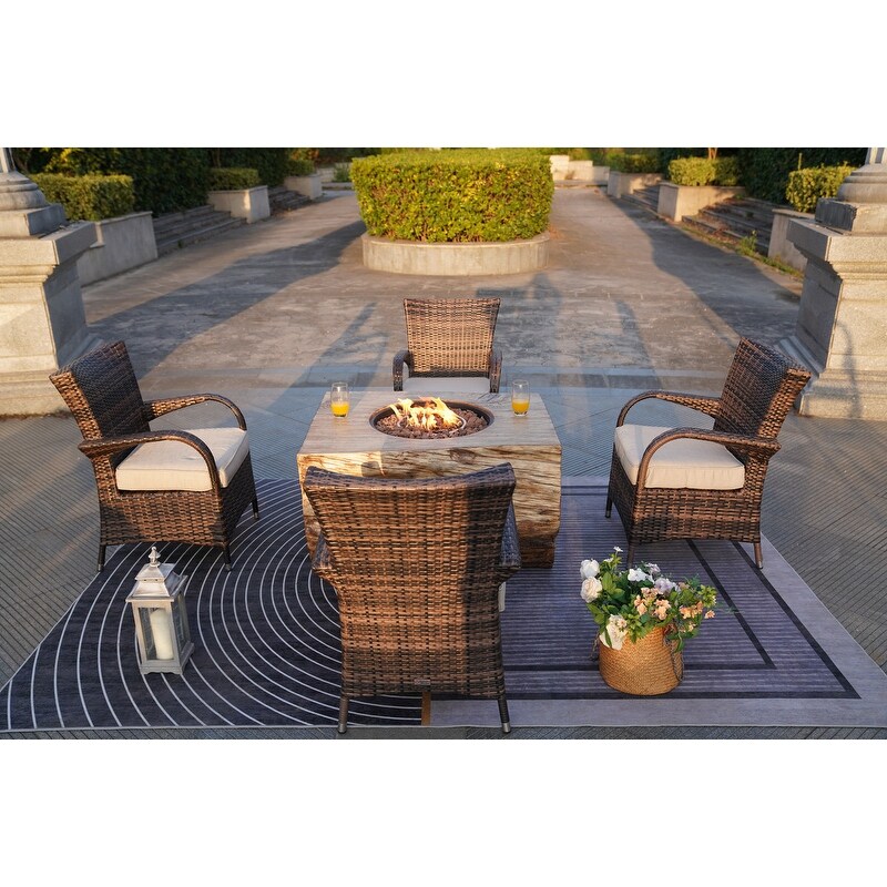 Patio Wood Coating Propane Fire Pit Table with Four Chairs