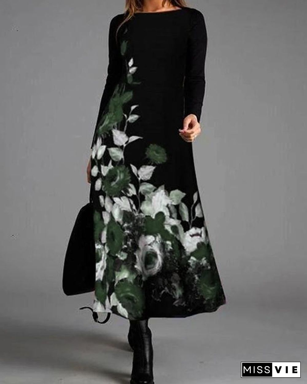 Elegant Flower Long Sleeve Round Neck Maxi Dress