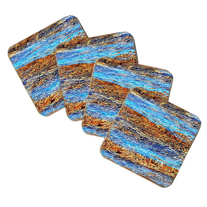 Beach Waves Coastal Wooden Cork Coasters Gift Set of 4 by Nature Wonders