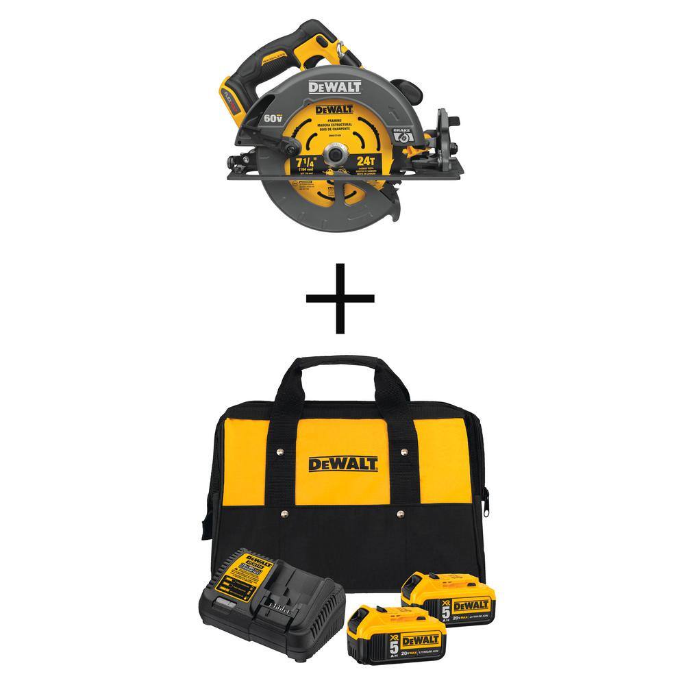 DW FLEXVOLT 60V MAX Cordless Brushless 7-14 in. Circular Saw (2) 20V 5.0Ah Battery Charger and Kit Bag DCS578BW2052CK