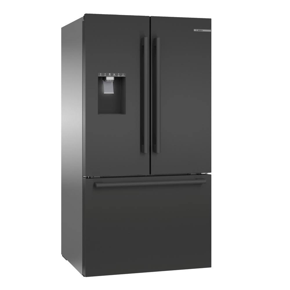 Bosch 500 Series 26 cu ft 3-Door French Door Refrigerator in Black Stainless Steel with Ice and Water Freezer Standard Depth B36FD50SNB