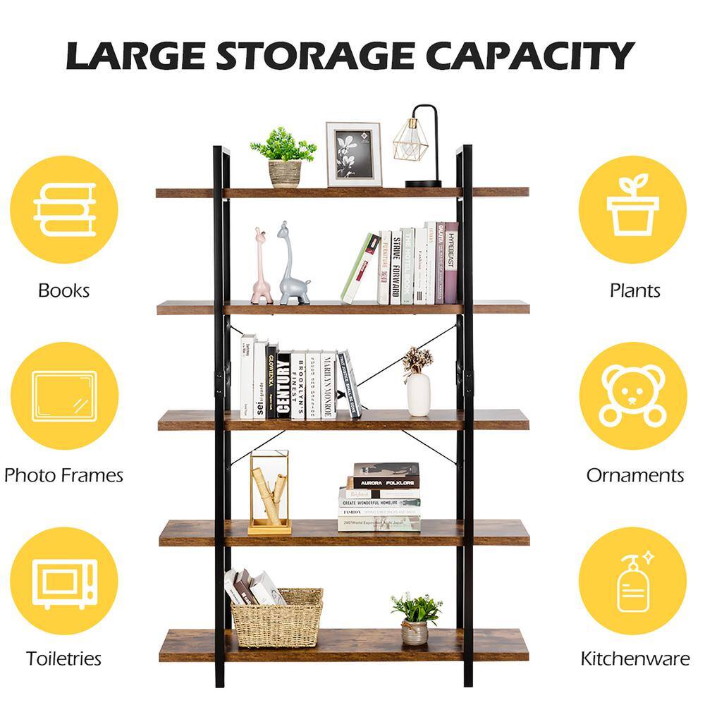 Costway 70 in. Brown Wood 5 -Shelf Standard Bookcase with Anti-tip Device HW65815CF