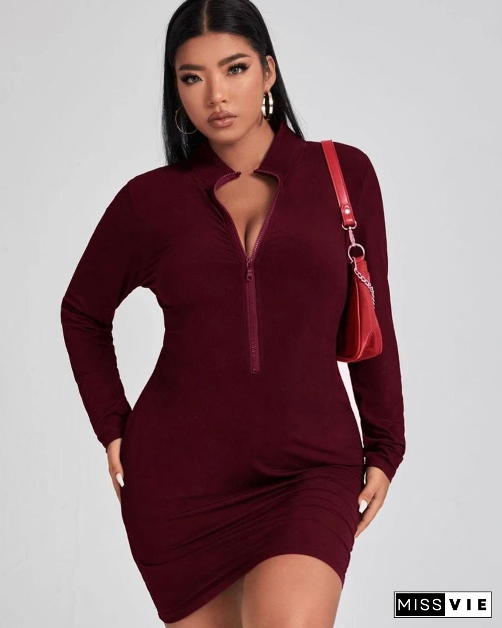 Solid Long Sleeve Zip Up O Neck Casual Dress