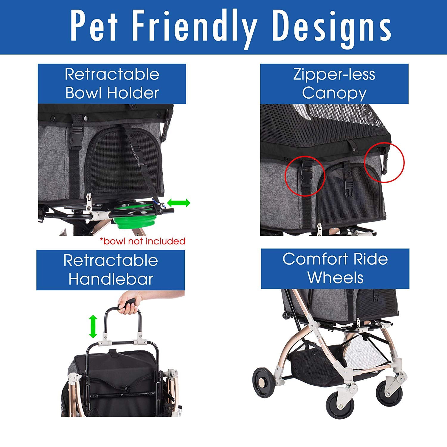 HPZ Rover Lite Travel Dog， Cat and Pet Stroller， Black