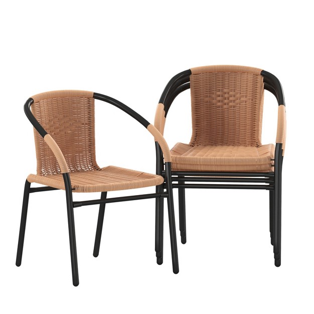 Emma And Oliver 4 Pack Rattan Indoor outdoor Restaurant Stack Chair With Curved Back