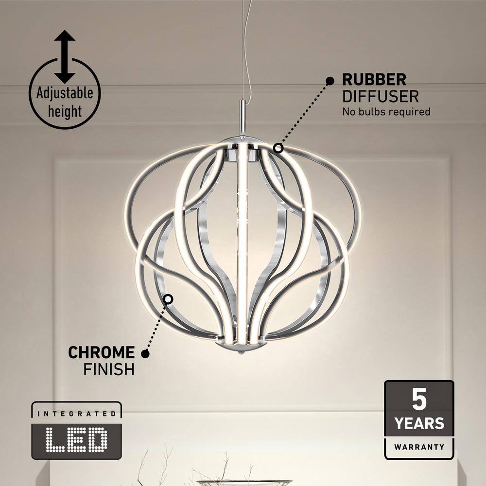 Artika Meridian 30-Watt Integrated LED Chrome Modern Hanging Pendant Chandelier Light Fixture for Dining Room or Kitchen Island PDT-MD-HD