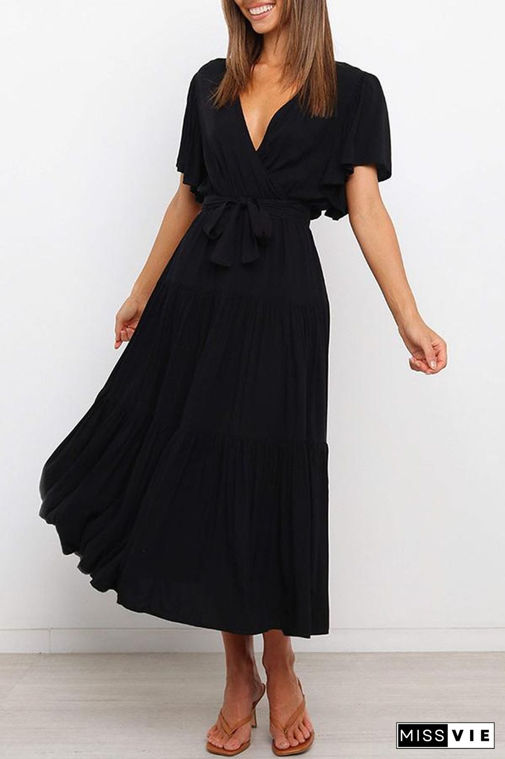 Ruffled Sleeve V-neck Tie Waist Maxi Dress P14492