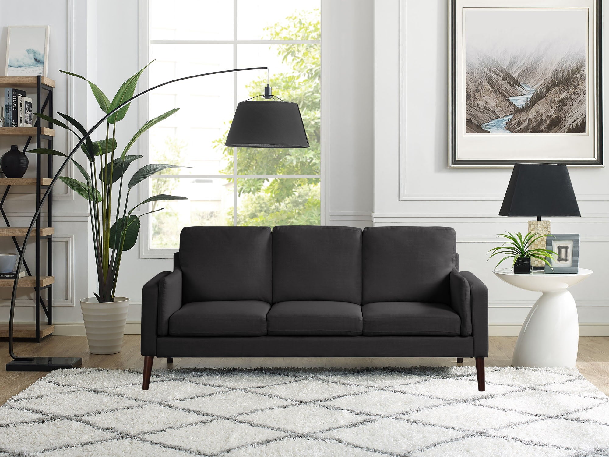 Elm & Oak Nathaniel Sofa with Side Pocket and USB Power, Black Upholstery