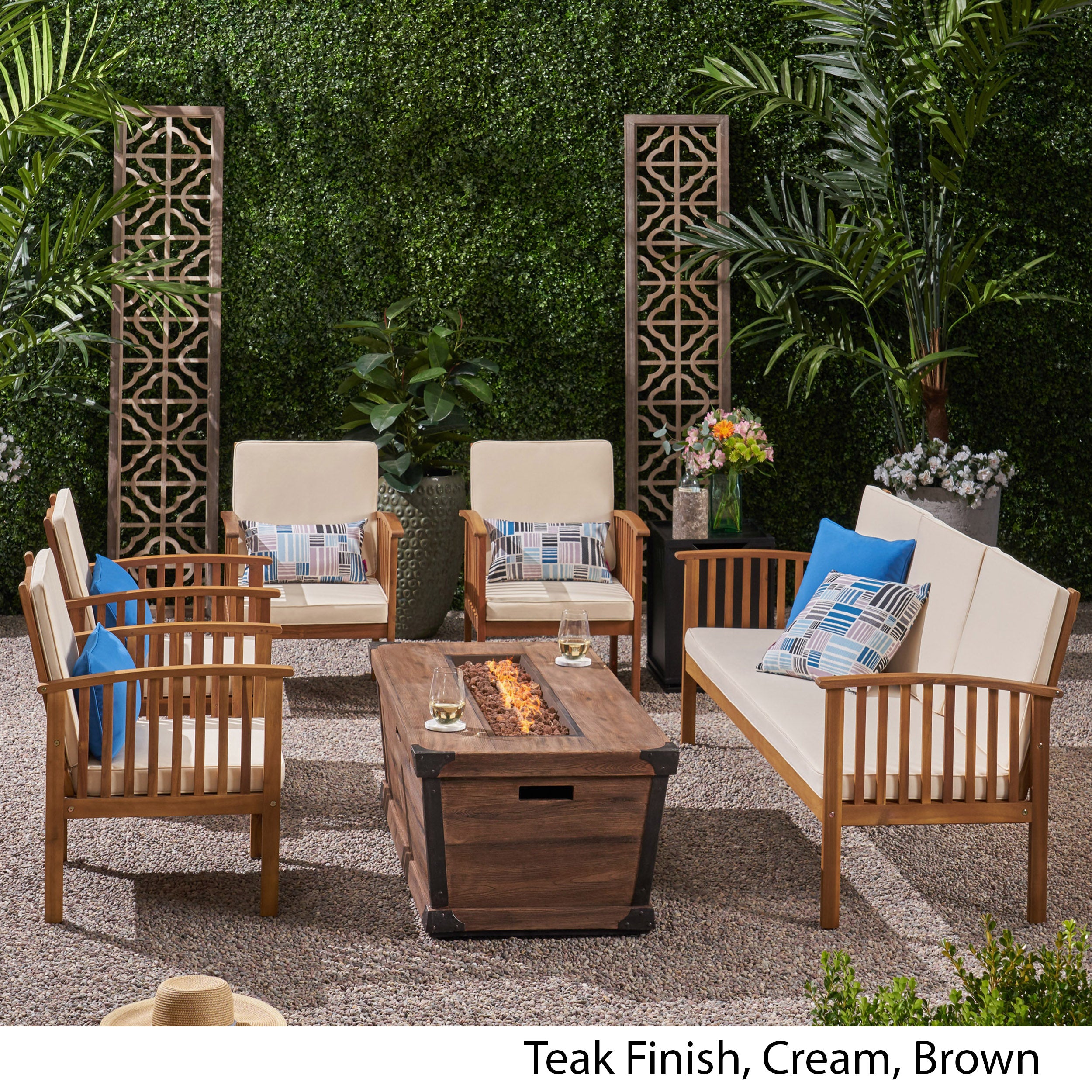 Beckley Outdoor 5 Piece Acacia Wood Conversational Set with Cushions and Fire Pit