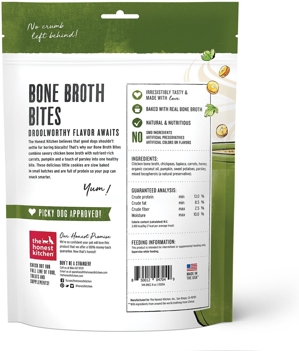 The Honest Kitchen Bone Broth Bites Roasted With Chicken Bone Broth， Carrots and Parsley Dog Treats， 8-oz bag