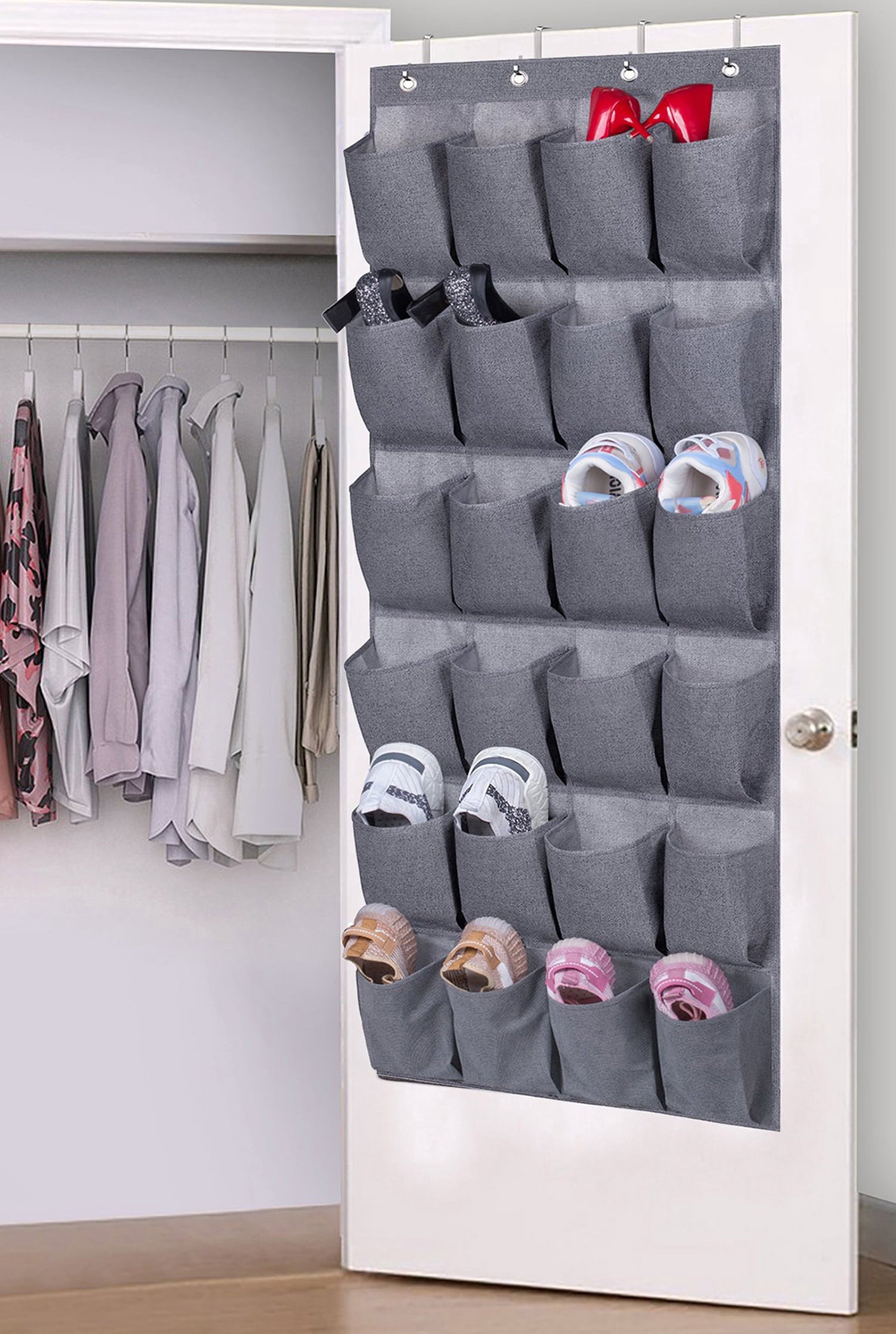 MISSLO 24 Fabric Pockets Shoe Organizer Over the Door Storage Large Hanging Shoe Rack for Closet Men Shoes Holder， Gray