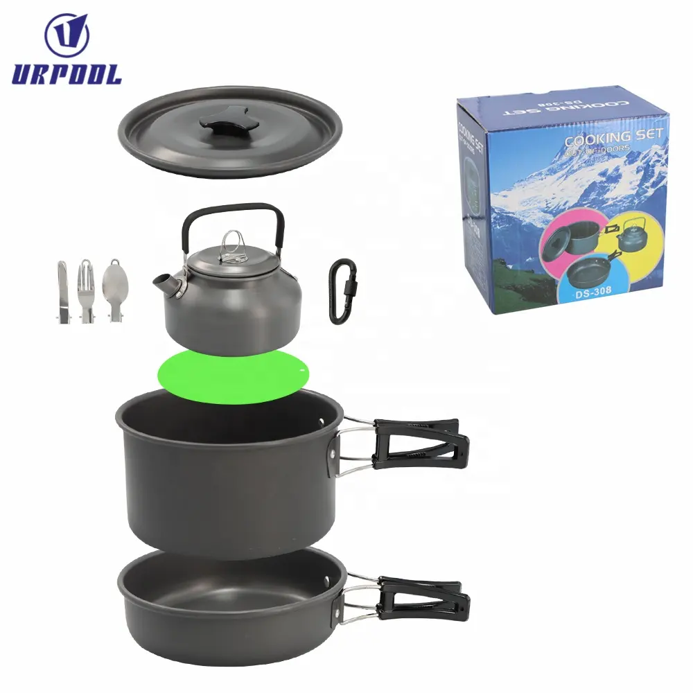 Portable Camping pots Set Lightweight Picnic Cooking Set Include Big Small Pot Frying Pan Bowls Soup Spoon Rice Ladle Loofah